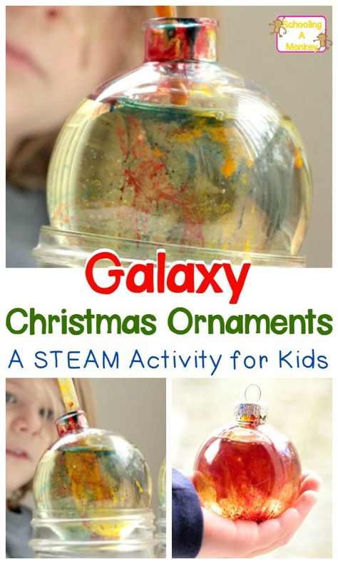 Combine a love of Christmas and a love of the galaxy in a STEAM exploration of galaxy Christmas ornaments. Kids will love this simple STEM activity! Stem Christmas Ornaments, Science Christmas Ornaments, Galaxy Christmas, Simple Stem Activities, Christmas Stem Activities, Christmas Science Experiments, Christmas Science, Stem Lab, Christmas Stem