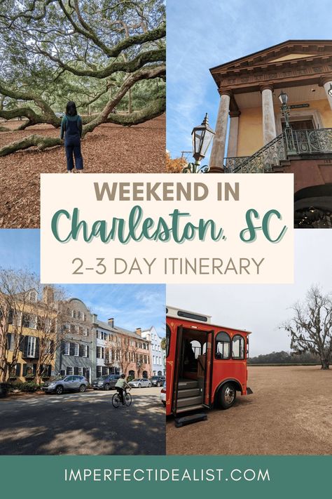 Pinterest pin with a collage of Rainbow Row, Angel Oak, City Market, and Charleston Tea Gardens Charleston South Carolina In December, Mt Pleasant South Carolina, Things To Do In Charleston Sc, Weekend In Charleston Sc, Charleston Itinerary, Colorful Architecture, Southern Usa, South Carolina Vacation, Fort Sumter