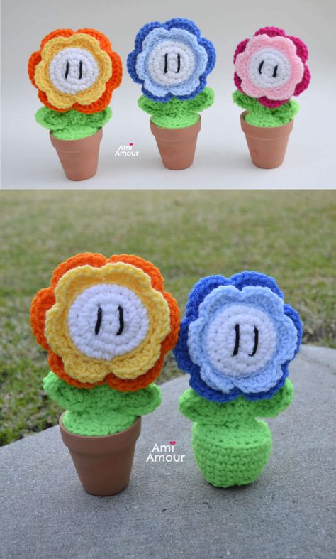 Mario Fire Flower - Free Crochet Pattern - Ami Amour Video Game Amigurumi Free Pattern, Mario Crochet Ideas, Nintendo Crochet Patterns Free, Video Game Crochet Patterns Free, Gaming Crochet Patterns, Birthday Crochet Patterns Free, Mario Kart Crochet, Birthday Crochet Ideas, Super Mario Amigurumi Free Pattern