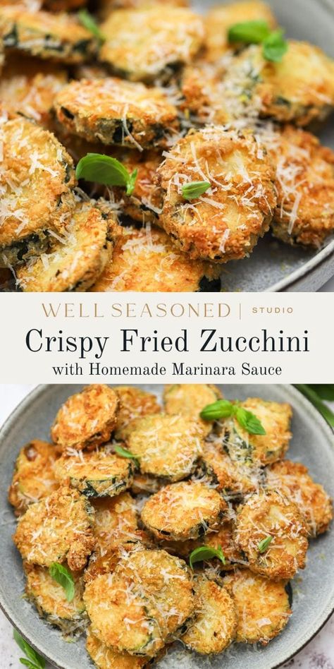 These Crispy Fried Zucchini Rounds are on repeat all summer long! They're coated in a flour mixture with Pecorino Romano, fried until golden brown, and then topped with more cheese and -- my favorite part -- fresh lemon zest! Enjoy with my easy homemade marinara sauce for a delicious summer appetizer! #zucchini #friedzucchini #marinarasauce Fried Zucchini Recipe Easy, Crispy Fried Zucchini, Easy Homemade Marinara Sauce, Fried Squash Blossoms, Pan Fried Zucchini, Fried Zucchini Recipes, Zucchini Rounds, Homemade Marinara Sauce, Kale Pasta