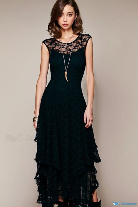 OrcaJump - Orcajump - Vestido Largo de Encaje con Dobladillo Irregular a la Moda Prom Gown Ideas, Celestial Goth, Alt Bride, Maternity Dresses Photography, Bohemia Dress, Bohemian Dresses Long, Cowgirl Dresses, Western Wear Dresses, Gothic Ideas