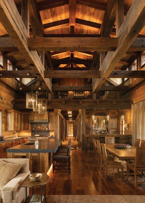 One Room Cabin, Wooden Interior, Open Living Space, Built In Bar, Casa Container, Exposed Beams, A Log, Interior Photography, Big Sky