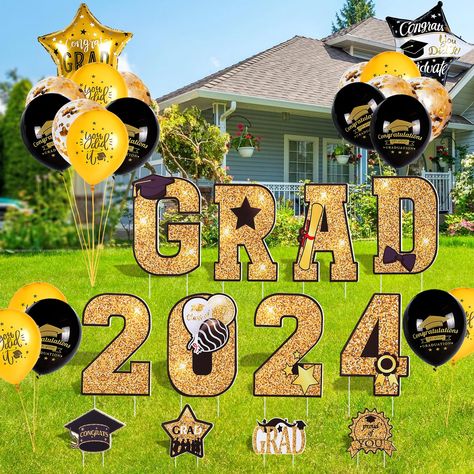 PRICES MAY VARY. 📦【Graduation yard signs set】: You will receive a great value package which has 12*yard signs, 20*balloons, 2*balloon ropes, and 25*ground plugs, and a ground plug. The black and gold surface hopes that graduates will be brilliant in the future. 🎓【Excellent wateproof】: Our 2024 sign graduation are made of thickened corrugated hollow plastic board, which heavy rain will not affect it at all.It was able to reuse and celebrate graduation with different friends. Simple to use, inse 20 Balloons, 2024 Sign, Gold Graduation Decorations, Balloons Graduation, 2 Balloon, Graduation Yard Signs, Lawn Party, Plastic Board, Graduation Signs