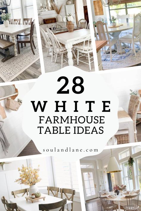 Elevate your dining experience with elegant white farmhouse table designs that blend seamlessly with any decor style. These tables, known for their sturdy construction and spacious surfaces, offer both functionality and beauty to your home. Get inspired by the various ways to incorporate a white farmhouse table into your interior, from minimalist settings to more eclectic mixes that include bold color contrasts and textures. White Farmhouse Interior Design, Classic White Kitchen Table, Farmhouse Tables Dining Room White, White Dining Table Decor Ideas, All White Interior House, White Table Dining Room, Modern Farmhouse Kitchen Table Decor, White Rustic Table Dining Rooms, White Farm Table