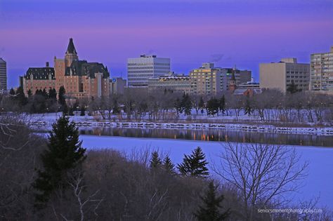 Saskatoon skyline, winter sunrise Saskatoon Aesthetic, Sunrise City, Super Family, Canada Map, Winter Sunrise, Saskatchewan Canada, City Painting, Dream Life, New York Skyline