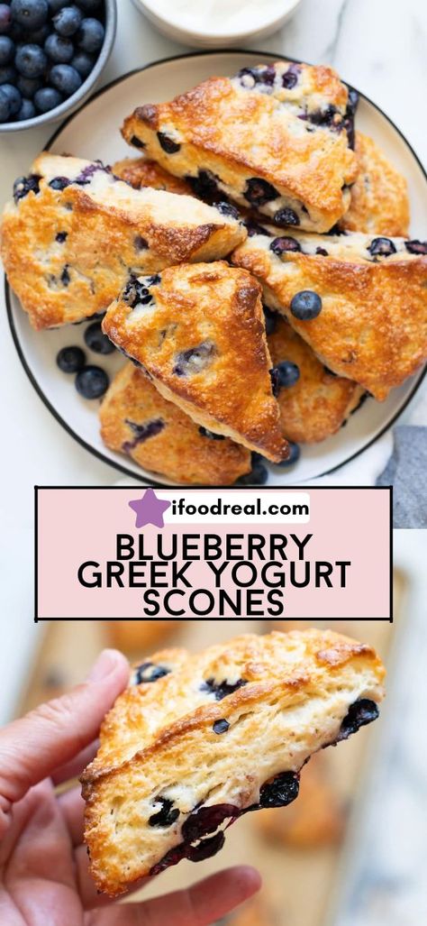 These Blueberry Greek Yogurt Scones are a perfect sweet breakfast or snack! Flaky, golden, with 6 grams of protein, and packed with blueberries. Greek Yogurt Scones, Scones Blueberry, Yogurt Scones, Blondie Recipes, Blueberry Scones Recipe, Baking Healthy, Mother Health, Copycat Starbucks, Bake Goods