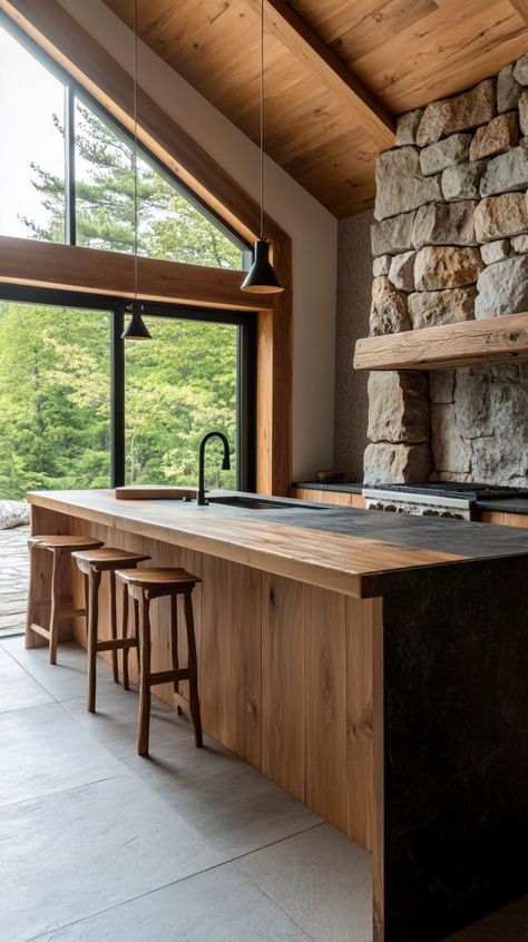 Rustic, kitchen, design, ideas, wood, natural, stone, elements, cabinets, countertops, cozy, accents, timeless, inviting Timberframe Interiors, Knotty Alder Kitchen Cabinets, Cedar Kitchen, Knotty Alder Kitchen, Rustic Kitchen Design Ideas, Timber Frame Kitchen, Alder Kitchen Cabinets, Vaulted Ceiling Lighting, Vaulted Ceiling Kitchen