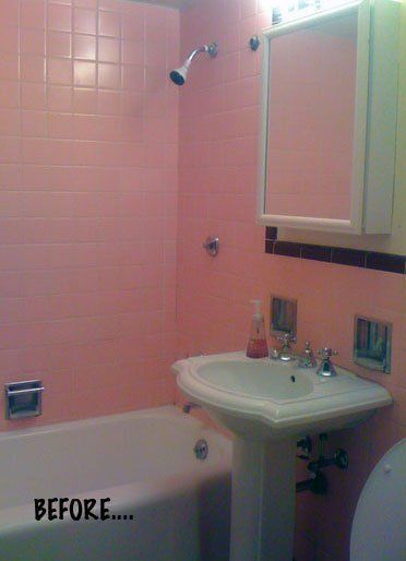 I know there are those among you for whom the classic pink-tiled bathroom is a national treasure worth saving at any cost. And while I admire your commitment to preservation and in theory agree with you, in practice I know better — six years ago I bought a pre-War apartment with two pink tiled bathrooms and that turned out to be two too many for me. Check out how I completely changed the look of this bathroom without tearing out a single tile… Pink Tile Bathroom, Pink Bathroom Tiles, Tile Refinishing, Mold In Bathroom, Bathroom Makeovers, Old Bathroom, Pink Baths, Pink Tiles, Vintage Bathrooms