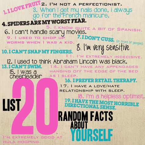 What about as a project for kids?  20 things my teachers should know about me?  day-1-20-random-facts-about-myself Fun Facts About Me Ideas, 30 Facts About Me, Facts About Yourself, Friends Activity, Random Facts About Me, Smashbook Ideas, Facts About Me, Know About Me, Smash Journal