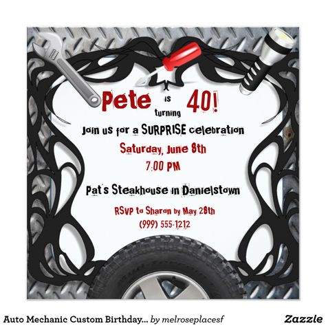 Auto Mechanic Custom Birthday Invitations Mechanic Party Ideas, Mechanics Birthday Party, Mechanic Party, Mechanics Birthday, 60th Birthday Party Invitations, Surprise Birthday Invitations, Car Themed Parties, Auto Mechanic, 21st Birthday Invitations