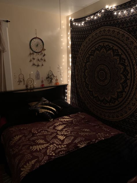 #tapestry #dreamcatcher #blackbedroom #beautifulbedroomideas  #beautifulbedrooms  #spiritualinspiration  #spiritual Black & Gold Tapestry 7 good luck dream catchers Cottage Academia, Gothic Cottage, Black Tapestry, Gold Tapestry, Black Bedroom, Black Bedding, Room Inspiration Bedroom, Dream Catchers, Spiritual Inspiration