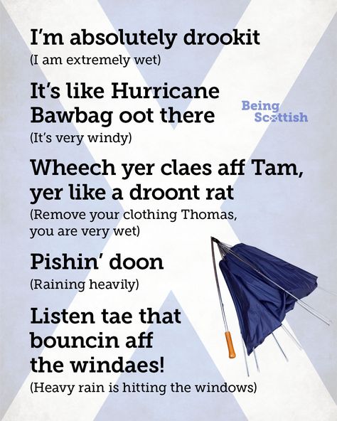 Being Scottish on Instagram: “Learn Scottish: Rain 🌧” Scottish Sayings, Scottish Phrases, Scottish Slang, Scottish Words, Irish Language, Unique Words Definitions, Irish Gaelic, Scottish Culture, Irish Quotes