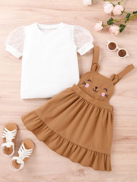 Toddler Girls Puff Sleeve Solid Tee & Cartoon Embroidery Ruffle Hem Pinafore Dress #backtoschooloutfit #holidayoutfit #birthdayoutfit #partyoutfit #minifashionista #stylemini #instakids #fashionkids #toddlerfashion #bigkidstyle #teenfashion #Valentinesday #toddlervalentinesdayoutift #amazonfashion Sewing Baby Clothes, Fashion Baby Girl Outfits, Cartoon Embroidery, Baby Outfits, Toddler Girl Dresses, Kids Fashion Girl, Toddler Girl Outfits