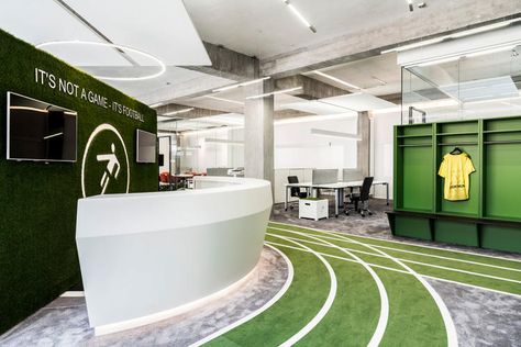 6 | This Office Has A Running Track | Co.Design | business + design Sports Themed Office, Sports Office, Innovative Office, Gym Interior, Running Track, Green Walls, Cool Office, Gym Design, Interior Architect