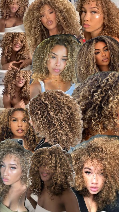 Curly blonde highlights on black women Hair Highlights For Curly Hair, Curly Highlights Blonde, Brown Hair With Highlights Curly, Honey Brunette Balayage, Curly Brown Hair With Highlights, Blonde Highlights Curly Hair, Curly Hair Natural, Honey Blond, Highlights Curly