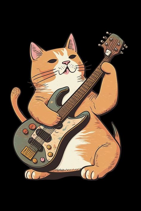 A cute Kawaii style cat playing an acoustic guitar cartoon illustration Cat Playing Guitar Drawing, Playing Guitar Drawing, Cat Playing Guitar, Shamrock Art, Guitar Illustration, Funny Guitar, Guitar Drawing, Guitar Logo, 4k Wallpaper Iphone