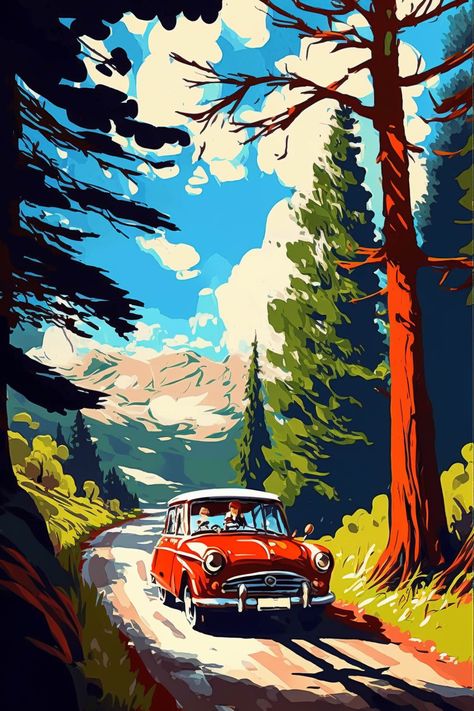 Car Driving Down Road Drawing, Landscape Cars Wallpaper, Car On Road Painting, Car Driving Into Sunset Painting, Car On Mountain Road, Digital Art Programs, Retro Art Prints, Watercolor Art Landscape, Vintage Poster Design