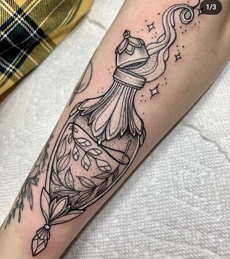 Introvert Tattoo, Perfume Bottle Tattoo, Crystal Ball Tattoo, Botanical Tattoos, Lantern Tattoo, Hp Tattoo, Crystal Tattoo, Bottle Tattoo, Bts Tattoos