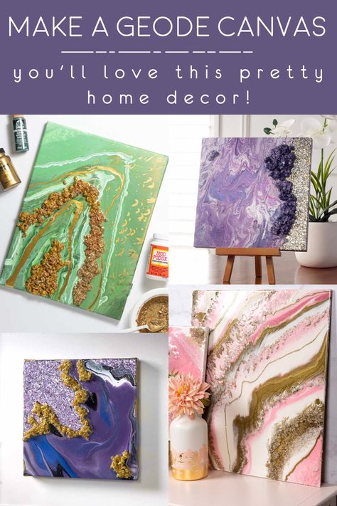 Gold Canvas Art Diy, Modge Podge Glass, Geode Canvas, Altered Objects, Diy Geode, Geode Wall, Diy Paintings, Purple Painting, Pour Paint