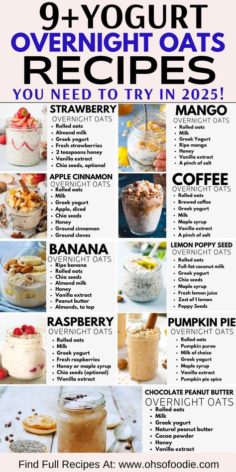 Text reads 9+ Yogurt Overnight Oats Recipes You Need To Try in 2025! How To Make Overnight Oats With Yogurt, Overnight Oats With Yogurt Recipe, Fruit Overnight Oats Healthy, Overnight Oats Simple, Protein Overnight Oats Healthy, Simple Overnight Oats Recipe, Overnight Oats With Milk, Yogurt Overnight Oats, Recipes With Yogurt