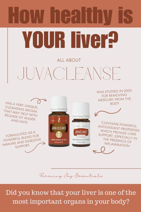 Two bottles of Juvacleanse essential oil blend, one white and one reddish-brown. Text talks about the benefits of Juvacleanse, including studied for removing mercury from the body; contains powerful antioxidant properties which provide liver support, especially in the presence of inflammation; formulated as a powerful blend for immune and digestive support; has a very unique cleansing aroma that may help with release of anger and hate. Liver Support Essential Oils, Essential Oils For Liver Support, Essential Oil For Liver, Esential Oils, Essential Oil Education, Liver Support, Healthy Liver, Healthy Happy, Arsenal