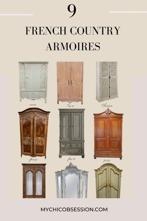 Enhance Your Home With These 9 Elegant French Country Armoires French Country Cabinet, French Cabinet Furniture, Painted French Armoire, Armoire In Living Room, French Country House Interior, French Country Armoire, French Country Cabinets, French Style Kitchen, White Armoire