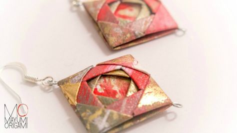 https://flic.kr/p/RDpkdd | Mosaic Folded Paper Earrings by Mayumi Origami | Included in 7 Modern Paper Jewelry Trends: www.allthingspaper.net/2017/03/7-modern-paper-jewelry-tre... Origami Jewels, Paper Beads Template, Origami Shapes, Origami Earrings, Nerd Crafts, Fabric Origami, Origami Jewelry, Paper Bead Jewelry, Origami Paper Art