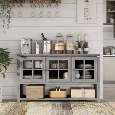 Tymon Gray Buffet Server With 3-Cabinet Doors Coffee Bar Station, White Buffet, Kitchen Buffet, Wood Buffet, Home Coffee Bar, Coffee Bar Home, Buffet Server, Decorative Vases, Family Friend