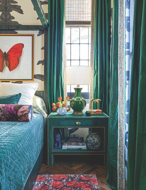 Lenny Kravitz Bedroom, Emerald Green And Fuschia Bedroom, Blue Modern Bedroom, Ranch Vibes, Maximalist Bedroom, Flower Magazine, Bella Notte Linens, Houston Interior Designers, Stunning Interior Design