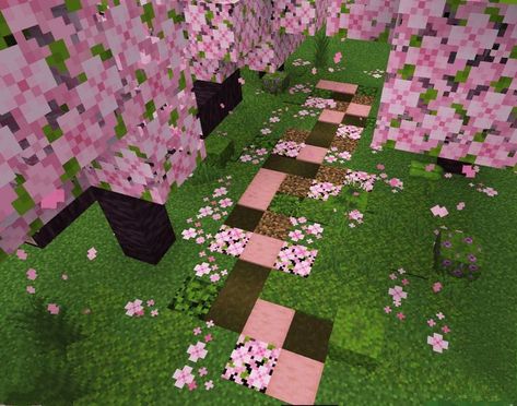 Minecraft Cherry Blossom House Blueprint, Minecraft Cute Path Ideas, Pink Wood Minecraft Builds, Minecraft Building Ideas Paths, Minecraft Pathing Ideas, Minecraft Cherry Blossom Coordinates, Minecraft Blossom Ideas, Minecraft Path Way Ideas, Cherry Blossom Hut Minecraft