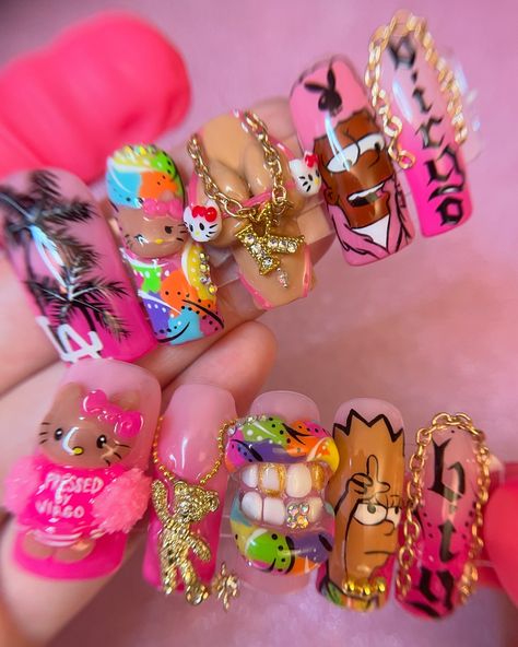 3d Lip Nails, Hello Kitty Press On Nails, Kaws Nail Designs, Freaknik Nails, Kaws Nails, Character Nail Art, 3d Lips, Character Nails, Barbie Nails