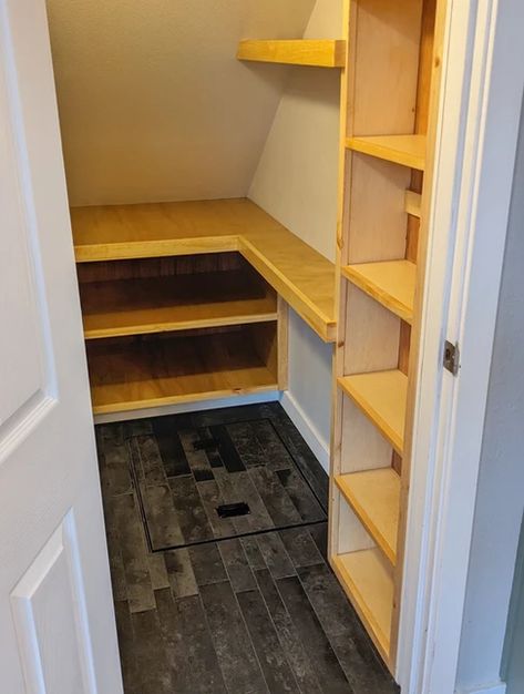 Walk-in Pantry | Lucid Development Pantry With Sloped Ceiling, Walk In Pantry Under Staircase, Pantry Under Stairs Walk In, Narrow Coat Closet, Sloped Ceiling Closet, Small Walk In Pantry, Under Stairs Pantry, Closet Under Stairs, Closet Shelving