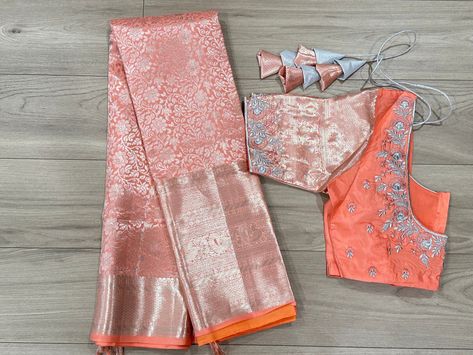 Peach Color Blouse Designs, Peach Pattu Saree, Peach Color Saree, Work Computer, Light Peach Color, Maroon Blouse, Padded Blouse, Ethnic Sarees, Computer Embroidery