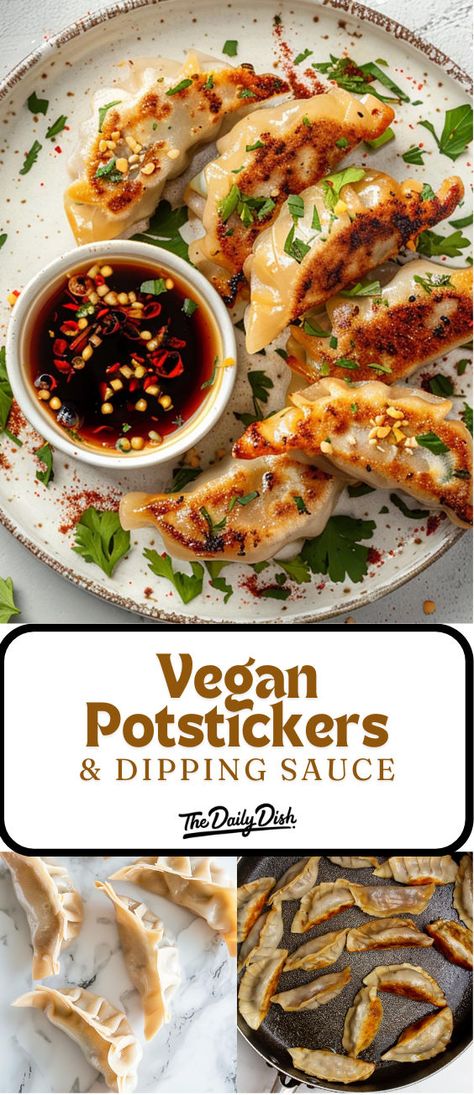 Vegan Potstickers With A Dipping Sauce Plant Based Dumplings, Vegan Dumplings Recipe, Potsticker Dipping Sauce, Veggie Potstickers, Veggie Dumplings, Vegan Potstickers, Vegan Chinese Food, Chinese Dumpling, Vegan Dumplings