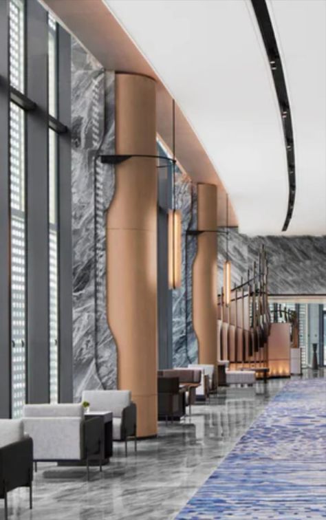 Columns Interior, Column Cladding, Modern Column, Lobby Interior Design, Interior Columns, Interior Ceiling Design, Hospital Interior, Marriott Bonvoy, Contemporary Hotel