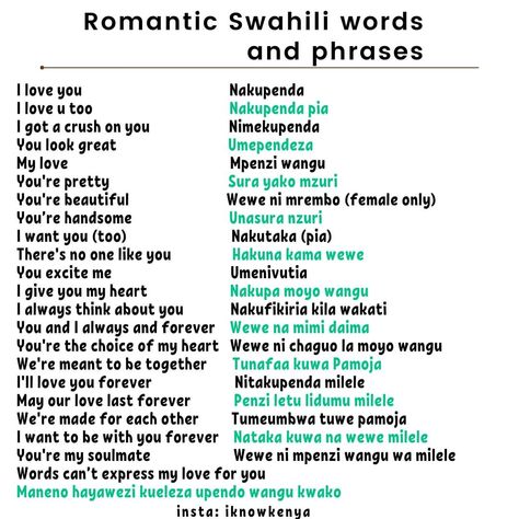 Some of the romantic swahili words to use at home or while traveling Beautiful African Words, Swahili To English Study Sets, Swahili Words And Meanings, Swahili Language Learning, Beautiful Swahili Words, Swahili Tattoo, Swahili Learning, Learning Swahili, Swahili Words