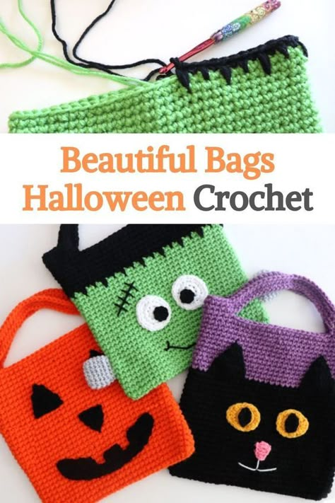 Trick Or Treat Bags Crochet, Crochet Halloween Goodie Bags, Trick Or Treat Crochet Bags, Crochet Halloween Tote Bags, Crochet Halloween Treat Bag Patterns Free, Crochet Halloween Bags Trick Or Treat, Halloween Bag Crochet, Crochet Trick Or Treat Bag Pattern, Crochet Halloween Bags Free Pattern