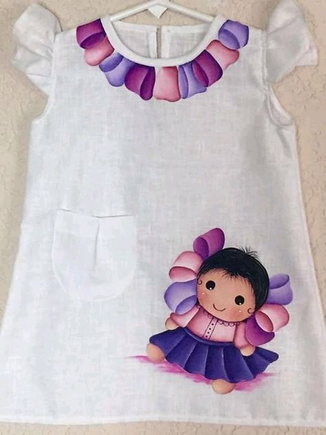 Fabric Colour Painting, Saree Painting Designs, Fabric Paint Diy, Boat Neck Blouse Design, Kids Ethnic Wear, Fabric Painting Techniques, Hand Painted Dress, Fabric Painting On Clothes, Kids Blouse Designs