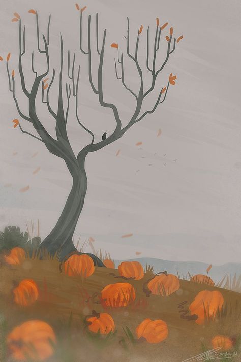 Autumn Aesthetic Drawing Ideas, Fall Vibes Illustration, Pumpkin Patch Drawing Easy, Fall Gauche Painting, Autumn Sketchbook, Pumpkin Patch Illustration, Pumpkin Illustration Autumn, Fall Witch, Phone Widget