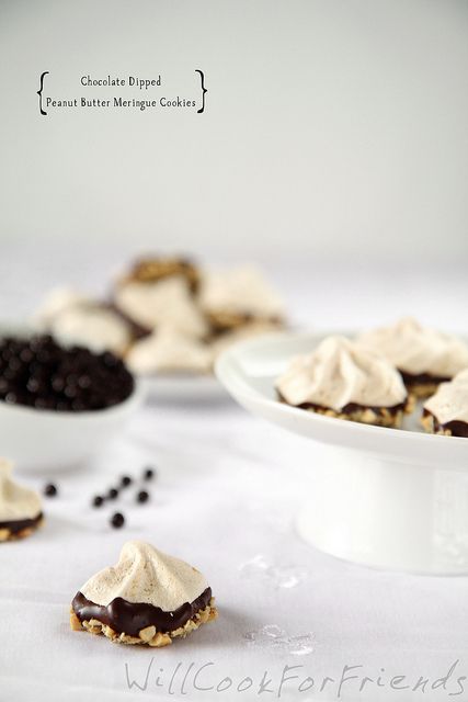 Chocolate Dipped Peanut Butter Meringue Cookies | Will Cook For Friends Chocolate Meringue, Meringue Cookies, Chewy Cookie, Chocolate Peanuts, Chocolate Dipped, Eat Dessert, Sweet Desserts, Sweets Desserts, Sweets Treats