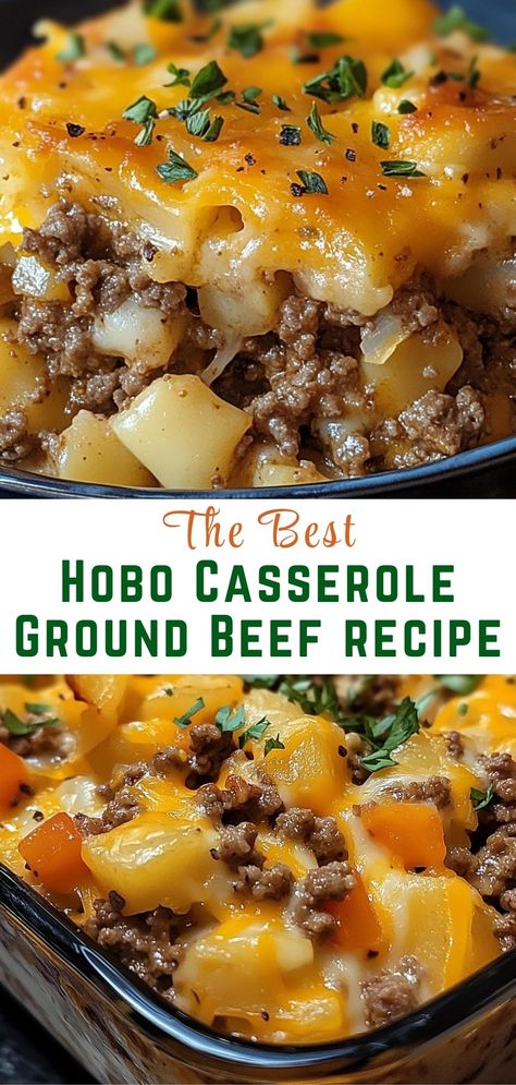 Discover the comforting flavors of the Best Hobo Casserole Ground Beef Recipe! This easy dinner uses ground beef, veggies, and cheesy goodness for a warm, hearty meal. Perfect for busy nights or family gatherings, this casserole is sure to please everyone. Try it tonight for a simple and delicious dish! Simple Ground Beef Casserole Recipes, Best Dinner Casseroles, Ground Beef And Carrots Recipes, Ground Beef Simple Recipes, Hobo Dinner Casserole, Ground Beef Mixed Veggies Recipes, What To Make With A Pound Of Ground Beef, Hobo Hot Dish, Ground Beef Hot Dish Recipes