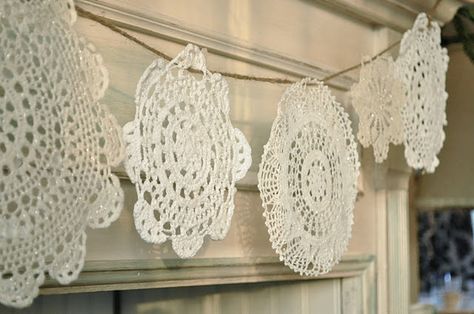 the sparkle doily snowflake banner tutorial - Jennifer Rizzo Doily Projects, Snowflake Doily, Doily Banner, Doily Garland, Snowflake Banner, Doily Bunting, Banner Tutorial, How To Make Snowflakes, Snowflake Garland