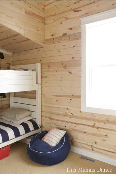 pine walls white trim 2 Diy Bunk Beds, White Window Trim, Small Modern Cabin, Knotty Pine Walls, White Washed Pine, White Wash Walls, Pine Wood Walls, Pine Trim, Diy Bunk Bed