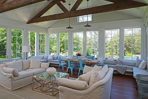 Three Season Room - Farmhouse - Sunroom - Boston - by Rentschler Interiors / LAKESTREETSTUDIO | Houzz Large Sunroom Ideas, Sunroom Ideas Farmhouse, Porch Renovation Ideas, Lake House Sunroom, 4 Season Sunroom Ideas, Round Porch, Large Sunroom, Farmhouse Sunroom, Four Season Sunroom