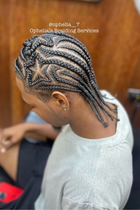 Cornrows With A Star Design Star Cornrows Men, Braids With Star Design, Cornrow Braid Styles Men, Star Cornrows, Star Braids, Cornrow Designs, Cornrows With Box Braids, Boy Braids, Cornrow Braid Styles