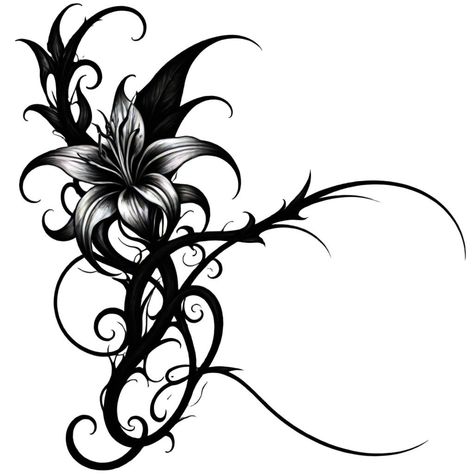 Gothic Lily Tattoo, Scary Flower Tattoo, Gothic Flower Drawing, Gothic Stomach Tattoo, Flower Lower Back Tattoo, Gothic Chest Tattoo Female, Goth Flower Tattoo, Gothic Tattoos For Women, Gothic Flower Tattoo