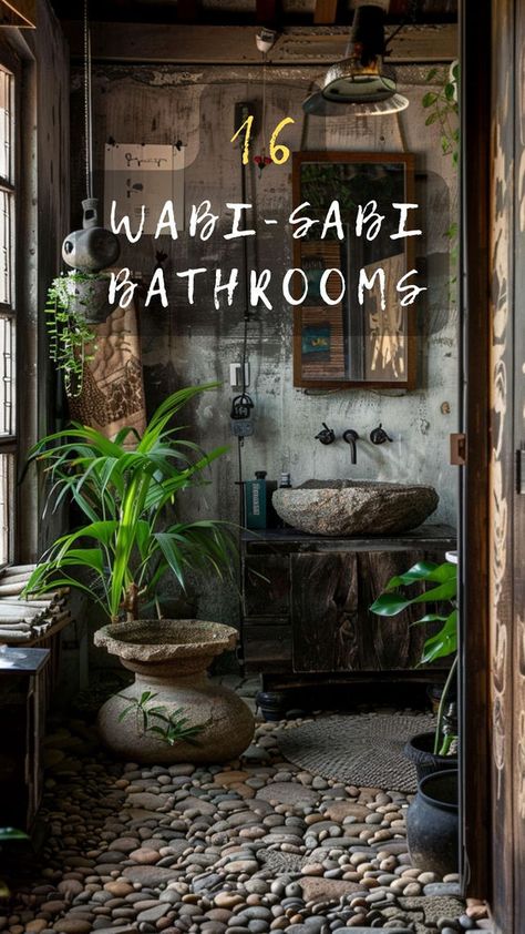 Earthy Bathroom Tiles, Nature Inspired Bathroom Ideas, Wabi Sabi Interior Bathroom, Dream House Forest, Interesting Bathrooms, Wabi Sabi Bathroom Inspiration, Nature Bathroom Ideas, Adobe House Interior, Wabisabi Architecture