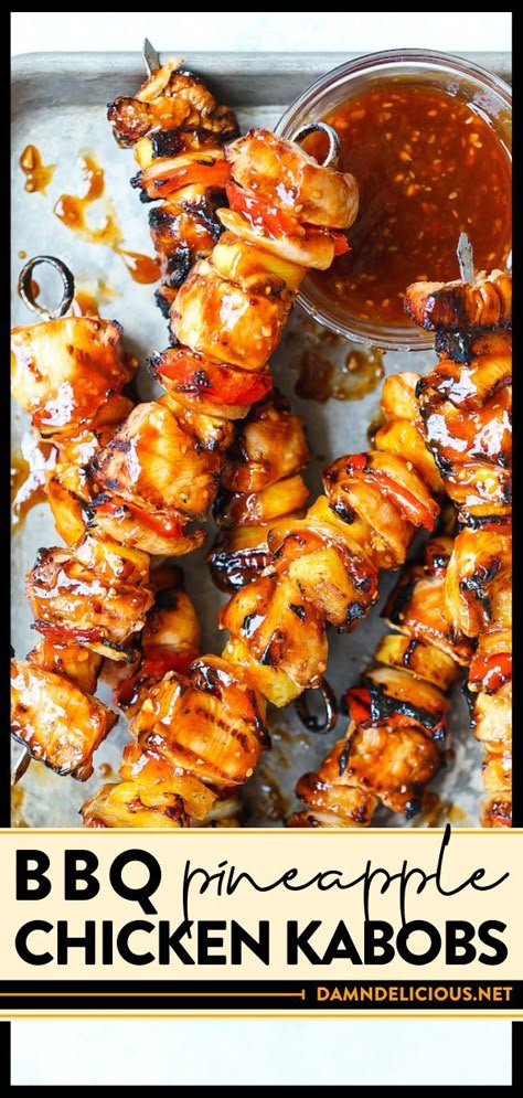 These chicken skewers are so good! They feature a garlicky BBQ teriyaki marinade. Grilled with pineapple, pepper, and onion, these chicken kabobs are such good 4th of July food. Save this easy summer grilling recipe! Bbq Pineapple Chicken, Pineapple Chicken Kabobs, Bbq Pineapple, Grilled Pineapple Chicken, Teriyaki Marinade, Kabob Skewers, Easy Grilling Recipes, Bbq Menu, Kabob Recipes