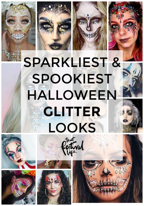 4 Extra Sparkly, Spooky and Stunning Halloween Glitter Make-up and Face Paint Inspiration Ideas Full Face Glitter Makeup, Glitter Halloween Costumes, Halloween Glitter Makeup, Glitter Skull Makeup, Cat Face Halloween, Glitter Halloween Makeup, Skeleton Face Paint, Glitter Looks, Glitter Face Paint