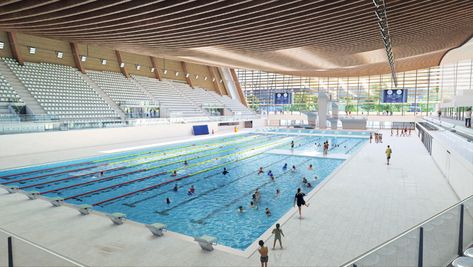 Olympic Pool Architecture, Olympic Pool Design, Sport Arena Architecture, Architectural Engineer, Olympic Swimming Pool, Aquatics Center, Olympic Pool, French Practice, Bouldering Wall